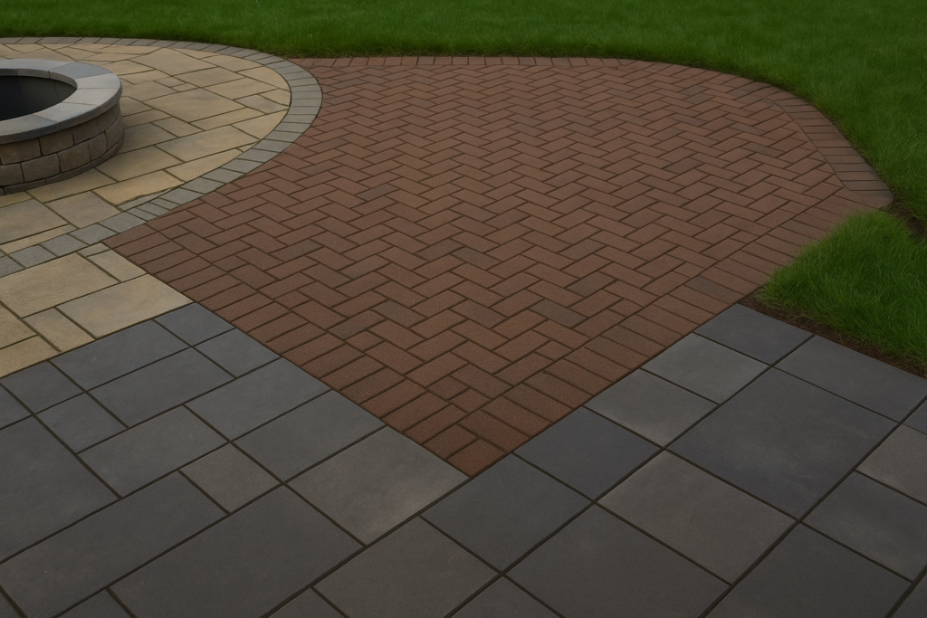 Backyard patio with fire pit, outdoor seating, and a variety of paver patterns including slate, brick, and flagstone, designed for New Jersey climates