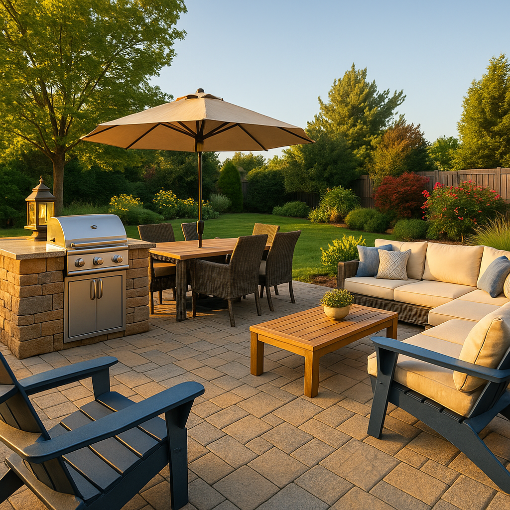 Outdoor kitchen and patio furniture setup in a New Jersey backyard with stone pavers and a fire pit
