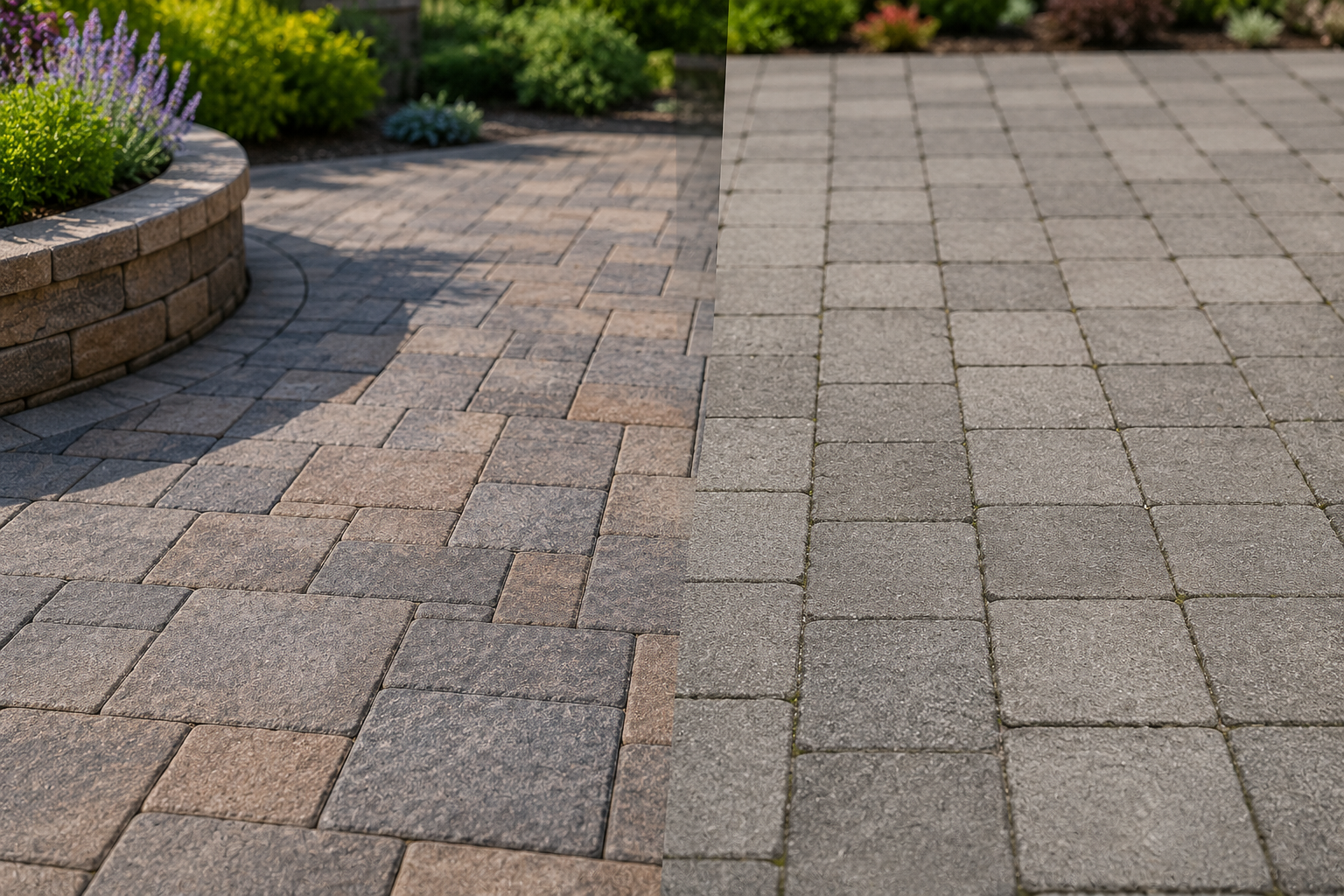 Side-by-side comparison of Cambridge pavers and standard concrete pavers showing differences in color, texture, design appeal, and overall quality.