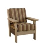 Outdoor armchair with striped cushions and durable weather-resistant frame.