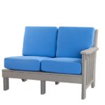 Outdoor right-arm loveseat sectional with blue cushions and mission-style design.